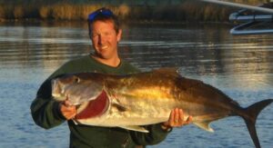 Capt Ryan of North Myrtle Beach Fishing Charters by Werner Ocean Adventures holding a 55 lb Amberjack